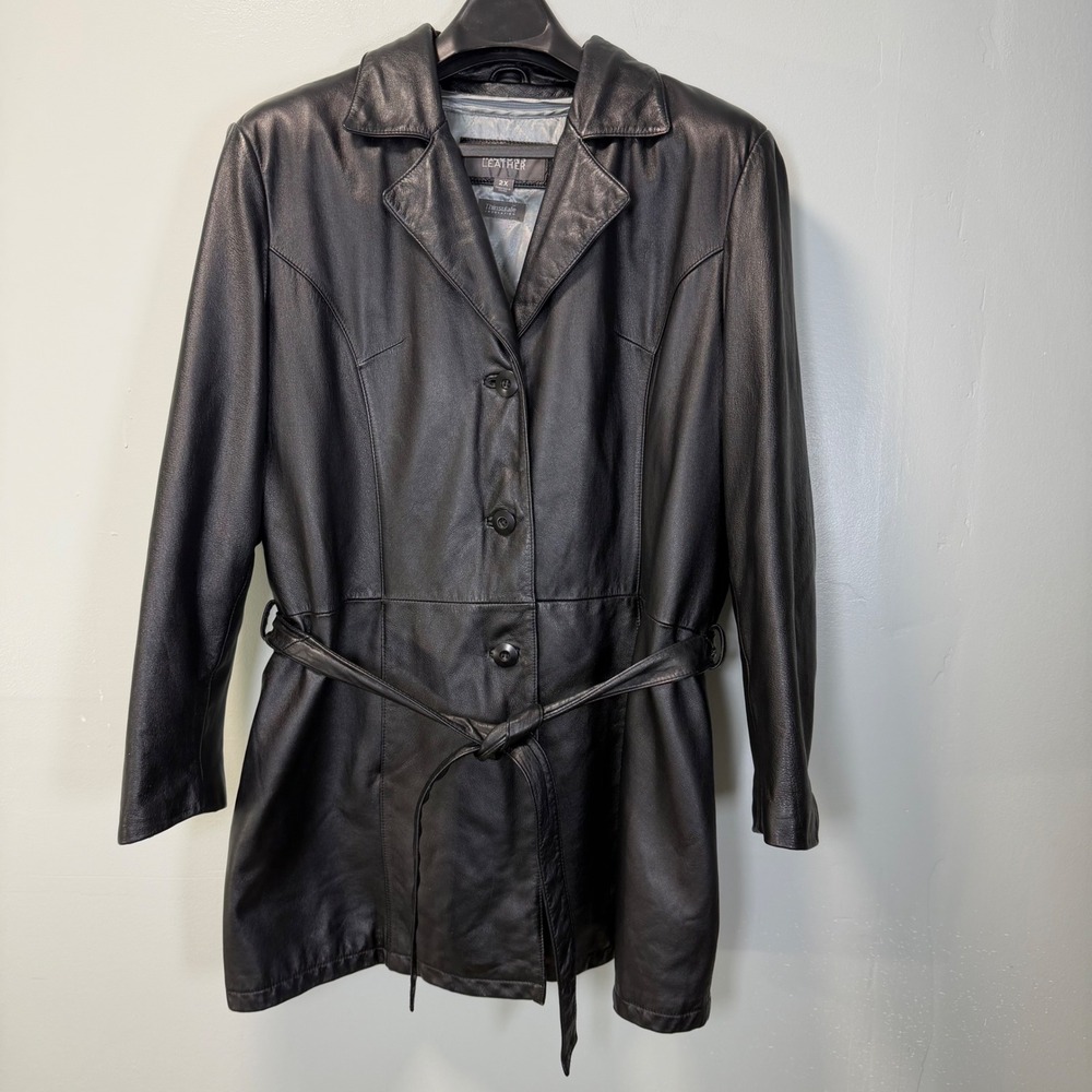 Vintage Wilsons Leather Thinsulate Black Belted Jacket Trench Coat 2X RN69426